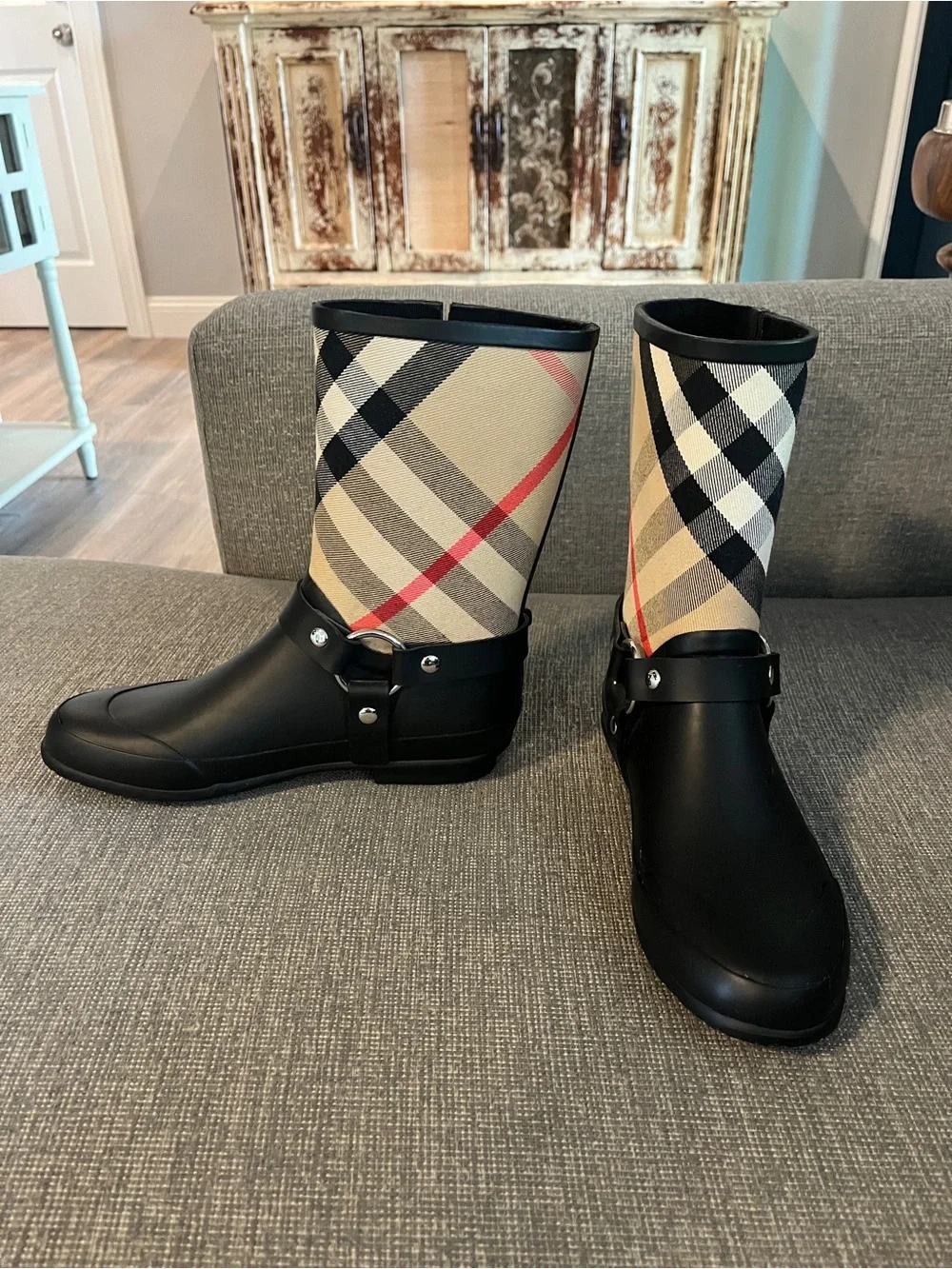 Burberry Plaid Rubber Rain Boots, Size 37